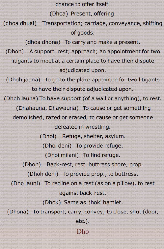 Present, offering.,dhoa dhuai,   Transportation; carriage, conveyance, shifting of goods.,dhoa dhona, To carry and make a present.,Dhoh,   A support. rest; approach; an appointment for two litigants to meet at a certain place to have their dispute adjudicated upon.,Dhoh jaana,   To go to the place appointed for two litigants to have their dispute adjudicated upon.,Dhoh launa, To have support (of a wall or anything), to rest.,Dhahauna, Dhawauna,   To cause or get something demolished, razed or erased, to cause or get someone defeated in wrestling.,Dhoi,    Refuge, shelter, asylum.,Dhoi deni,   To provide refuge.,Dhoi milani,  To find refuge.,Dhoh,    Back-rest, rest, buttress shore, prop.,Dhoh deni,   To provide prop., to buttress.,Dho launi,   To recline on a rest (as on a pillow), to rest, against back-rest.,Dhok,  Same as 'jhok' hamlet.,Dhona,   To transport, carry, convey; to close, shut (door, etc.).
Dho,ਢੋਅ, ਢੋਅ,ਢੋਹ ,  ਢੋਅ ਢੁਕਣਾ, ਢੋਅ ਲੱਗਣਾ, ਢੋਆ,ਢੋਆ ਢੁਆਈ , ਢੋਆ ਢੋਣਾ,ਢੋਹ, ਢਵਾਉਣਾ ,ਢੋਈ , ਢੋਈ ਦੇਣੀ,ਢੋਈ ਮਿਲ਼ਨੀ, ਢੋਹ, ਢੋਹ ਦੇਣੀ,ਢੋਹ ਲਾਉਣੀ,ਢੋਕ,ਝੋਕ,ਢੋਣਾ, ਢੋ,ਝੋਕ,