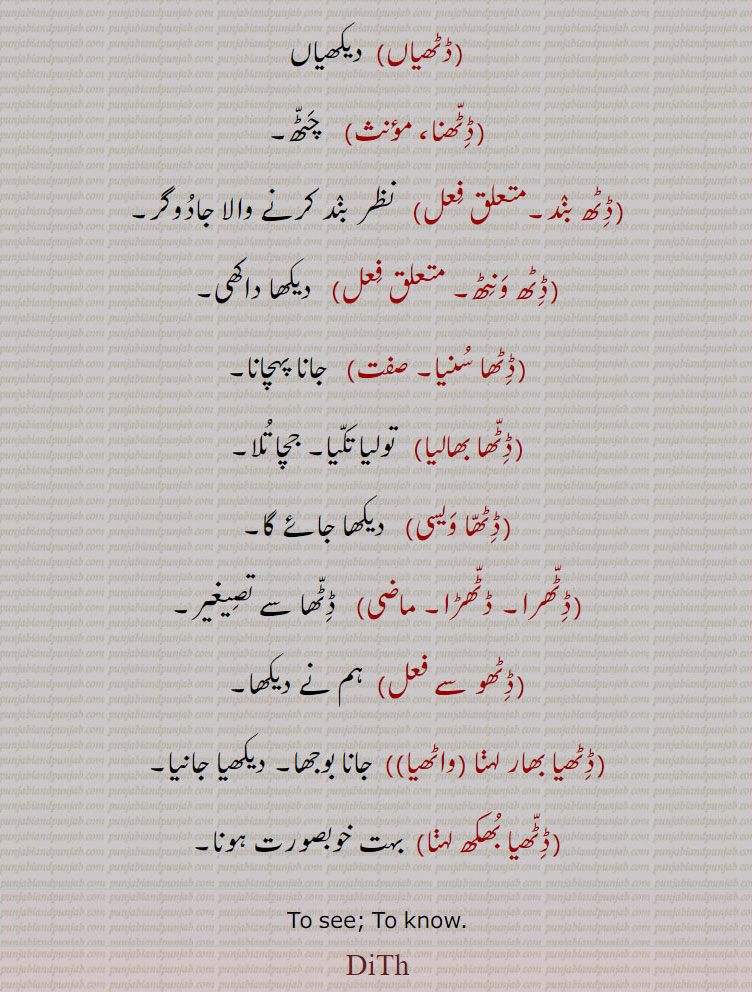 ڈٹھ  ,ڈٹھنا سے,ڈٹھنا, دسنا۔دکھائی دینا۔ معلوم ہونا۔ ظاہر ہونا,ڈٹھ, ڈٹھنا سے۔ نظر ۔ نظارہ۔, ڈٹھ, دیکھا ہوا۔دیکھا بھالا,ڈٹھا۔ ڈیکھن ,  ڈسیا۔ ڈیکھیا نظر آیا ہوا,ڈھڑم, میں نے دیکھا,ڈٹھڑے,  دیکھے۔ ڈٹھے,ڈٹھن,  ڈٹھا ہوون۔ دیکھن,ڈٹھوس,   دیکھیا ۔ اس نے دیکھا,ڈٹھی,   دیکھی,ڈٹھیاں, دیکھیاں ڈٹھنا، ,    چٹھ,ڈٹھ بند,  نظر بند کرنے والا جادوگر,ڈٹھ ونٹھ,   دیکھا داکھی,ڈٹھا سنیا, جانا پہچانا,ڈٹھا بھالیا,  تولیا تکیا۔ جچا تلا,ڈٹھا ویسی,  دیکھا جائے گا,ڈٹھرا۔ ڈٹھڑا,  ڈٹھا سے تصیغیر,ڈٹھو سے , ہم نے دیکھا,ڈٹھیا بھار لہنا (واٹھیا))  جانا بوجھا۔ دیکھیا جانیا,ڈٹھیا بھکھ لہنا, بہت خوبصورت ہونا,To see; To know.,DiTh, ਦੇਖਣ, ਡੀਖਨ, ਡਠ