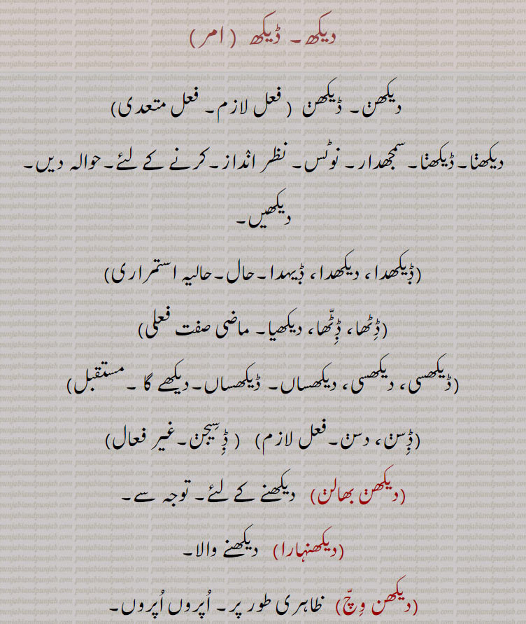 دیکھ۔ ڈیکھ ,دیکھن۔ ڈیکھن  ,ديکھنا۔ڈیکھنا۔سمجھدار۔ نوٹس۔ نظر انداز۔کرنے کے لئے۔حوالہ دیں۔  دیکھیں, ڋیکھدا، دیکھدا، ڋیہدا۔ ,ڈٹھا، ڋٹھا، دیکھیا۔,  ڈیکھسی، دیکھسی، دیکھساں۔ ڈیکھساں۔دیکھے گا ۔ ,ڋسن، دسن۔, ڋسیجن۔غیر فعال,دیکھن بھالن)   دیکھنے کے لئے۔ توجہ سے۔,دیکھنہارا,   دیکھنے والا,دیکھن وچ,  ظاہری طور پر۔ اپروں اپروں,دیکھن والی اکھ نہ ہونا,   پرکھ کرنے کے لائق نہ ہونا,دیکھ کے جیؤنا بہت پیار ہونا, دیکھ ریکھ, نگرانی۔ دیکھ بھال,دیکھ نہ سکھانا),   ساڑا کرنا۔ اچھا نہ لگنا, 