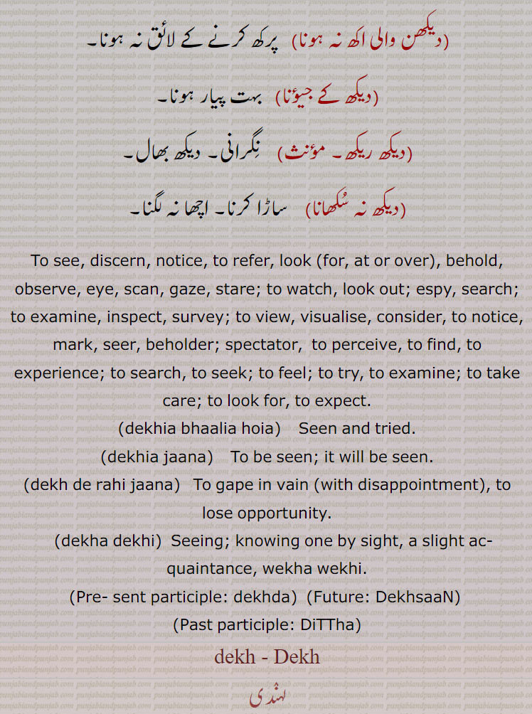 To see, discern, notice, to refer, look (for, at or over), behold, observe, eye, scan, gaze, stare; to watch, look out; espy, search; to examine, inspect, survey; to view, visualise, consider, to notice, mark, seer, beholder; spectator,  to perceive, to find, to experience; to search, to seek; to feel; to try, to examine; to take care; to look for, to expect.,dekhia bhaalia hoia, Seen and tried.,dekhia jaana,  To be seen; it will be seen.,dekh de rahi jaana,   To gape in vain (with disappointment), to lose opportunity. dekha dekhi,  Seeing; knowing one by sight, a slight ac- quaintance, wekha wekhi., Pre- sent participle: dekhda,DekhsaaN,DiTTha,dekh - Dekh, ਦੇਖਣ, ਡੀਖਨ, ਡਠ