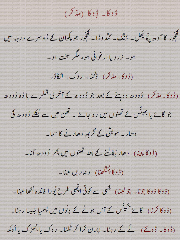 ڈوکا, سخت ہو,ڈکنا۔ روک۔ اٹکاؤ, دودھ دوہنے کے بعد جو دودھ کے آخری قطرے یا وہ دودھ جو گائے یا بھینس کے تھنوں میں رہ جائے ۔ تھن میں سے نکلے دودھ کی دھار۔ مویشی کے گربھ دھارنے کا سما, ڈوکا پینا,   دھار نکالنے کے بعد تھنوں میں پھر دودھ آنا,ڈوکا چنگھنا, دھاریں لینا,ڈوکا ڈوکا چونا, چو لینا,   کسی سے کوئی اچھی طرح پورا فائدہ اٹھا لینا,ڈوکا کرنا, گائے بحینس کے آس ہونے کے دنوں میں پسمیا جیسا رہنا,ڈوکا۔ ڈوکے,  لے کے رہنا۔ اپمان کرا کر ٹلنا۔ روک یا جھڑک یا اوکھ بغیر نہ مڑنا,ڈوکے لینا,   دھاریں لینا۔ کچھ پراپت کرنا,