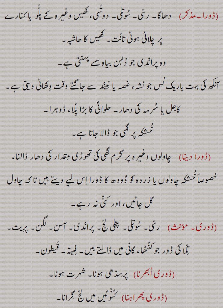 ,ڈورا,   دھاگا۔ رسی۔ سوتلی۔ دوتہی، کھیس وغیرہ کے پلو  یا کنارے پر چلائی ہوئی تانت۔ کھیس کا حاشیہ۔
وہ پراندی جو دلہن بیاہ سمے پہنتی ہے,آنکھ کی بہت باریک نس جو نشہ، غصہ یا نیند سے جاگتے وقت دکھائی دیتی ہے۔ کاجل یا سرمہ کی دھار۔ حلوائی کا بڑا پلا، ڈوہرا,خشکہ پر گھی جو ڈالا جاتا ہے,ڈورا دینا,  چاولوں وغیرہ پر گرم گھی کی تھوڑی مقدار کی دھار ڈالنا، خصوصاً خشکہ چاولوں یا زردہ کو دودھ کا ڈورا اس لیے دیتے ہیں تا کہ چاول گل جائیں، اور کنی نہ رہے,ڈوری,رسی۔ سوتلی۔ پتلی لج۔ پراندی۔ آسن۔ لگن۔ پریت,تلا کی ڈور جو کنٹھا، گانی میں ڈالتے ہیں۔ فیتہ۔ قیطون,ڈوری ابھرنا,  پرسدھی ہونا۔ شہرت ہونا