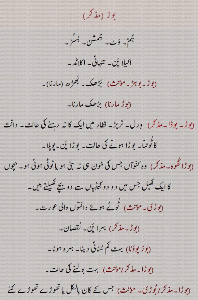 بوڑ, بوڈا ,بوڑنا,بوڑا کھوہ,بوڑی, بوڑیا , بوڑما,bora,ਬੋਡ਼ਾ,, ਬੋਹਡ਼,ਬੋੜ,,ਬੋੜਾ,ਬੋੜਮਾ,,bor, بوڑ , ہم, وٹ, ہمشن, ہسڑ,,اکیلا پن, تنہائی, اکلاند,,بوڑ,بوہڑ,,  بڑھک, بھڑھ ,مارنا,,بوڑ مارنا, بڑھک مارنا,,بوڑ, بوڈا,,  ورل, تریڑ, قطار میں ایک کا نہ رہنے کی حالت, دانت کا ٹوٹنا, بوڑا ہونے کی حالت, بوڑا پن,پوپلا,
,بوڑا کھوہ,, وہ کنوآں جس کی مون ہی نہ بنی ہو یا ٹوٹی ہوئی ہو, بچوں کا ایک کھیل جس میں دو دو گیٹیاں سے دو بچے کھیلتے ہیں,,بوڑی,,  ٹوٹے ہوئے دانتوں والی عورت,
,بوڑ,, بہرا پن, نقصان,,بوڑ پوونا, بہت کم سنائی دینا, بہرہ ہونا,,بوڑا,,  بہت بولنے کی حالت,,بوڑا,/ بوڑی, , جس کے کان بالکل یا تھوڑے تھوڑے کٹے ہوئے ہوں,