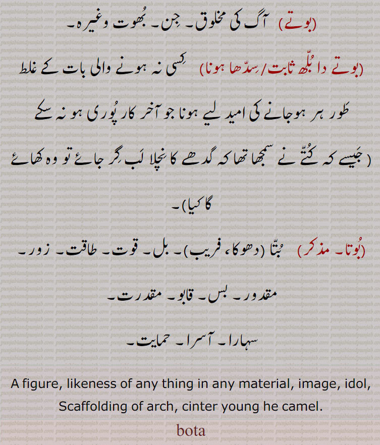  آگ کی مخلوق۔ جِن۔ بُھوت وغیرہ۔,بوتے دا بُلّھ ثابت/ سِدّھا ہونا    کِسی نہ ہونے والی بات کے غلط طَور ہر ہوجانے کی امید لیے ہونا جو آخر کار پُوری ہو نہ سکے,جَیسے کہ کُتّے نے سمجھا تھا کہ گدھے کا نِچلا لَب گِر جائے تو وہ کھائے گا کیا۔,بُوتا۔     بُتّا دھوکا، فریب۔ بل۔ قوت۔ طاقت۔ زور۔,مقدور۔ بس۔ قابو۔ مقدرت۔,سہارا۔ آسرا۔ حمایت۔,A figure, likeness of any thing in any material, image, idol, Scaffolding of arch, cinter young he camel. بوتا,بوتہ,بوتے,,bota,boota ,ਬੋਤਾ