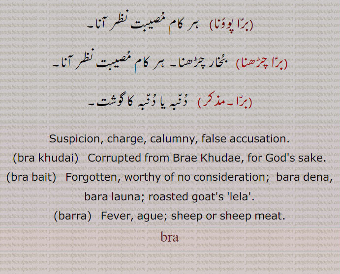  ہر کام مُصیبت نظر آنا,برّا چڑھنا,  بُخار چڑھنا۔ ہر کام مُصیبت نظر آنا,برّا, دُن٘بہ یا دُن٘بہ کا گوشت,Suspicion, charge, calumny, false accusation.,bra khudai,Corrupted from Brae Khudae, for God's sake.,bra bait,  Forgotten, worthy of no consideration;  bara dena, bara launa; roasted goat's 'lela'.,barra,  Fever, ague; sheep or sheep meat.,bra,