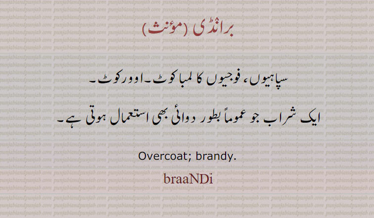  برانڈی ,brandy,braandi, ਬਰਾਂਡੀ,,over coat . brandy.سپاہیوں فوجیوں کا لمبا کوٹ۔ اوور کوٹ۔ شراب برانڈی جو وموماً بطور دوائِ بھی استعمال ہتی ہے۔