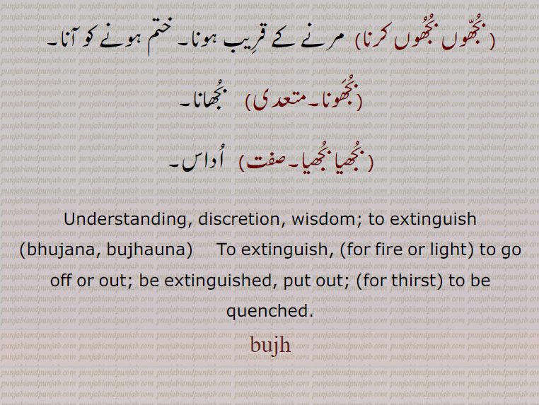 بجھوں بجھوں کرنا,  مرنے کے قریب ہونا۔ ختم ہونے کو آنا,بجھونا,  بجھانا, بجھیا بجھیا, اداس,Understanding, discretion, wisdom; to extinguish,bhujana, bujhauna,   To extinguish, (for fire or light) to go off or out; be extinguished, put out; (for thirst) to be quenched,bujh,bujjh,bujhh