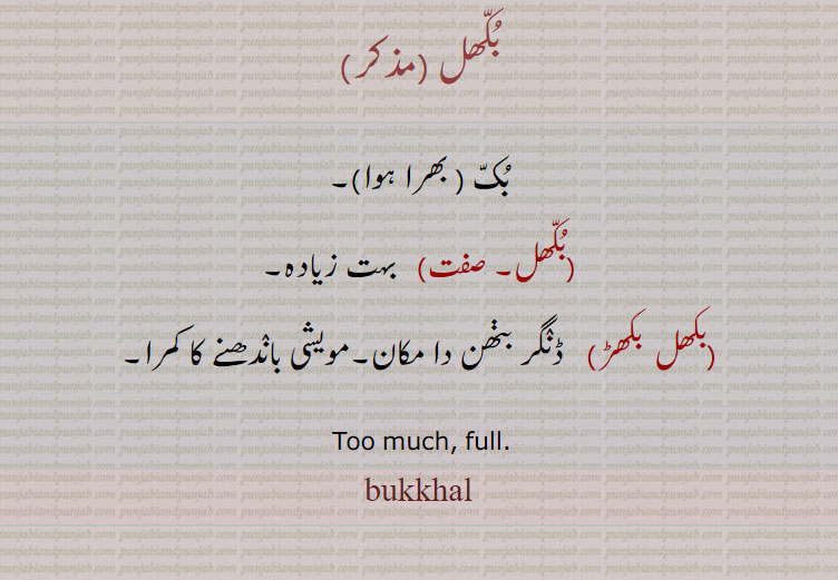 bukkhal, bokhal,بکھل, بوکھل,بکھل, بکھل  بکھڑ,bukkhal,,  بوکھل,بوکھلاون,bokhal,bukk. too much. full, بک بھرا ہوا, بہت زیادہ, ڈنگر باندھنے کا کمرا,,ਬੁਖਲ، ਬੌਖਲਾਨਾ
بوکھل ,گھبرایا ہوا, بد حواس,احمق, بیوقوف, دیوانہ,,بوکھلاون,  بونترن,بوندلن,گھاپرن,بوکھلانا,گھبرانا, بدحوس ہونا, مضطرب ہونا,گھبراہٹ میں دیوانہ سا بن جانا,دوسرے کو گھبرا دینا, بد حواس کر دینا, مضطرب کر دینا, گھبراہت میں دیوانہ ساکر دینا,,Panicked, stupid, crazy.bokhal,بکھل ,,بک , بھرا ہوا,بکھل,  بہت زیادہ,بکھل  بکھڑ,   ڈنگر بڽھن دا مکان,مویشی باندھنے کا کمرا, Too much, full.,bukkhal