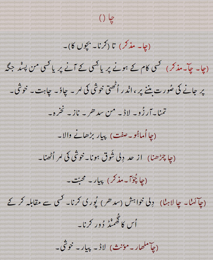 cha,چا,ਚਾ,چا , تا, چآ,چا اماہو,چا چڑھنا,چا چوآ,چآ لہنا, چا لاہنا,چآ ملھار,چاؤ,چائی,چائیا,چائیلا,چائیں, تا (کرنا, بچوں کا),چا, چآ, کسی کام کے ہونے پر یا کسی کے آنے پر یا کسی من پسند جگہ پر جانے کی صورت بننے پر، اندر اٹھتی خوشی کی لہر, چاؤ, چاہت, خوشی, تمنا,آرزو, لاڈ, من سدھر, ناز, نخرہ,چا اماہو,پیار بڑھانے والا,چا چڑھنا, از حد دلی شوق ہونا,خوشی کی لہر اٹھنا,چا چوآ,  پیار, محبت,چآ لہڽا, چا لاہڽا,  دلی خواہش (سدھر)  پوری کرنا, کسی سے مقابلہ کر کے اس کا گھمنڈ دور کرنا,چآ ملھار,لاڈ, پیار, خوشی,چاؤ,