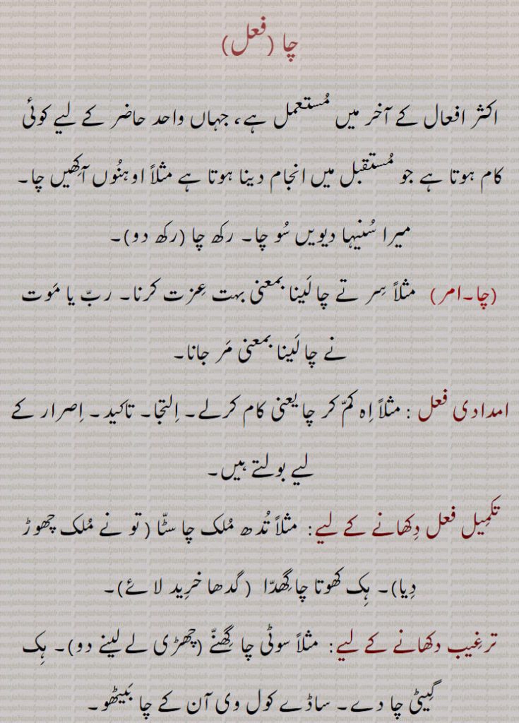  ch, cha,اکثر افعال کے آخر میں مستعمل ہے، جہاں واحد حاضر کے لیے کوئی کام ہوتا ہے جو مستقبل میں انجام دینا ہوتا ہے مثلاً اوہنوں آکھیں چا, میرا سنیہا دیویں سو چا, رکھ چا (رکھ دو), مثلاً سر تے چا لینا بمعنی بہت عزت کرنا, رب یا موت نے چا لینا بمعنی مر جانا,امدادی فعل : مثلاً اہ کم کر چا یعنی کام کرلے, التجا, تاکید, اصرار کے لیے بولتے ہیں,تکمیل فعل دکھانے کے لیے:  مثلاً تدھ ملک چا سٹا ( تو نے ملک چھوڑ دیا), ہک کھوتا چا گھدا  ( گدھا خرید لائے),ترغیب دکھانے کے لیے:  مثلاً سوٹی چا  گھنے (چھڑی لے لینے دو), ہک گیٹی چا دے, ساڈے کول وی آن کے چا بیٹھو,,ਚਾ