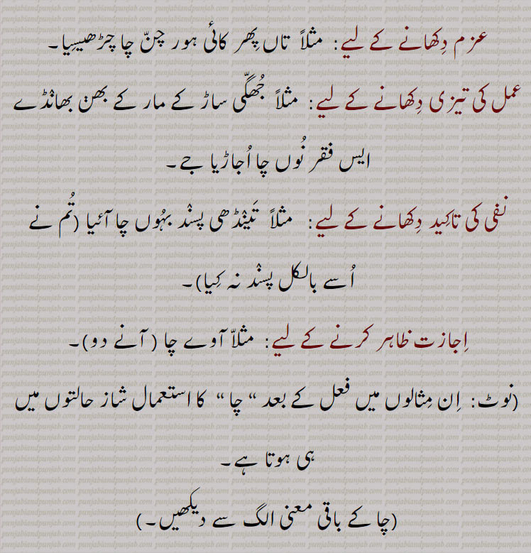 عزم دکھانے کے لیے:  مثلاً  تاں پھر کائی ہور چن چا چڑھیسیا,عمل کی تیزی دکھانے کے لیے:  مثلاً  جھگی ساڑ کے مار کے بھڽ بھانڈے ایس فقر نوں چا اجاڑیا جے,نفی کی تاکید دکھانے کے لیے:   مثلاً  تینڈھی پسند بہوں چا آئیا (تم نے اسے بالکل پسند نہ کیا),اجازت ظاہر کرنے کے لیے:  مثلا آوے چا ( آنے دو),
