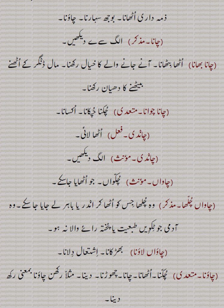ذمہ داری اُٹھانا۔ بوجھ سہارنا۔ چاوَنا,چانا,چانا بھانا,اُٹھا بِٹھانا۔ آنے جانے والے کا خیال رکھنا۔ مال ڈنٛگر کے اُٹھنے بیٹھنے کا دھیان رکھنا,چانا چوانا,چُکنا چُکانا۔ اُکسانا,چانٛدی, اُٹھا لائی,چانٛدی,چاواں, چُکّواں۔ جو اُٹھایا جاسکے,چاواں چُلّھا, وہ چُلھا جِس کو اُٹھا کر انٛدر یا باہر لے جایا جا سکے۔وہ آدمی جو ٹِکوِیں طبعیت یا پُختہ رائے والا نہ ہو,چاوَاں لاوَنا, بھڑکانا۔ اِشتعال دِلانا,چاوَنا, چُکّنا۔اُٹھانا۔چانا۔چھوڑنا۔ دینا۔ مثلاّ رکھن چاوَنا بمعنی رکھ دینا
