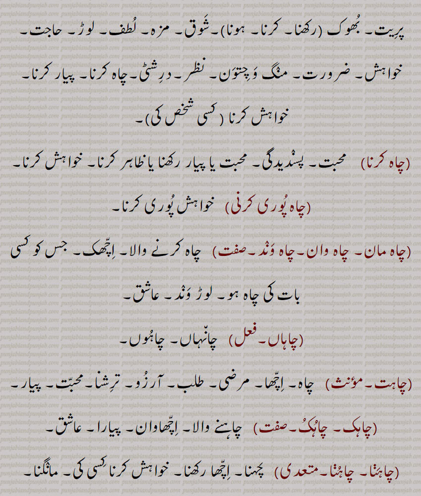 , بھوک (رکھنا, کرنا, ہونا),شوق, مزہ, لطف, لوڑ, حاجت, خواہش, ضرورت, منگ و چتون, نظر,درشٹی,چاہ کرنا, پیار کرنا,خواہش کرنا ( کسی شخص کی),چاہ کرنا,  محبت, پسندیدگی, محبت یا پیار رکھنا یا ظاہر کرنا, خواہش کرنا,چاہ پوری کرنی, خواہش پوری کرنا,چاہ مان, چاہ وان,چاہ وند, چاہ کرنے والا, اچھک, جس کو کسی بات کی چاہ ہو, لوڑ وند, عاشق,چاہاں,   چانہاں, چاہوں,چاہت,چاہ, اچھا, مرضی, طلب, آرزو, ترشنا,محبت, پیار,چاہک, چاہک, چاہنے والا, اچھاوان, پیارا, عاشق,چاہڽا, چاہڽا,  چہنا, اچھا رکھنا, خواہش کرنا کسی کی, مانگنا, ضرورت ہونا, پسند کرنا, پیار کرنا,چاہنا, چاہنا, اچھا, شوق, سدھر,سنیہ, تانگھ,چاہناں,چاہندا ہاں سے,چاہونا,  چاہنا