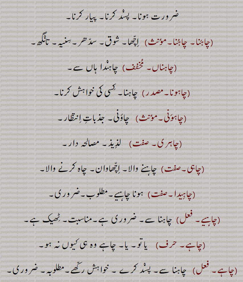 کسی کی خواہش کرنا,چاہونی,چاونی, جذبات انتظار,چاہری, لذیذ, مصالحہ دار,چاہی, چاہنے والا, اچھاوان, چاہ کرنے والا,چاہیدا, ہونا چاہیے,مطلوب,ضروری,چاہیے, چاہنا سے, ضروری ہے,