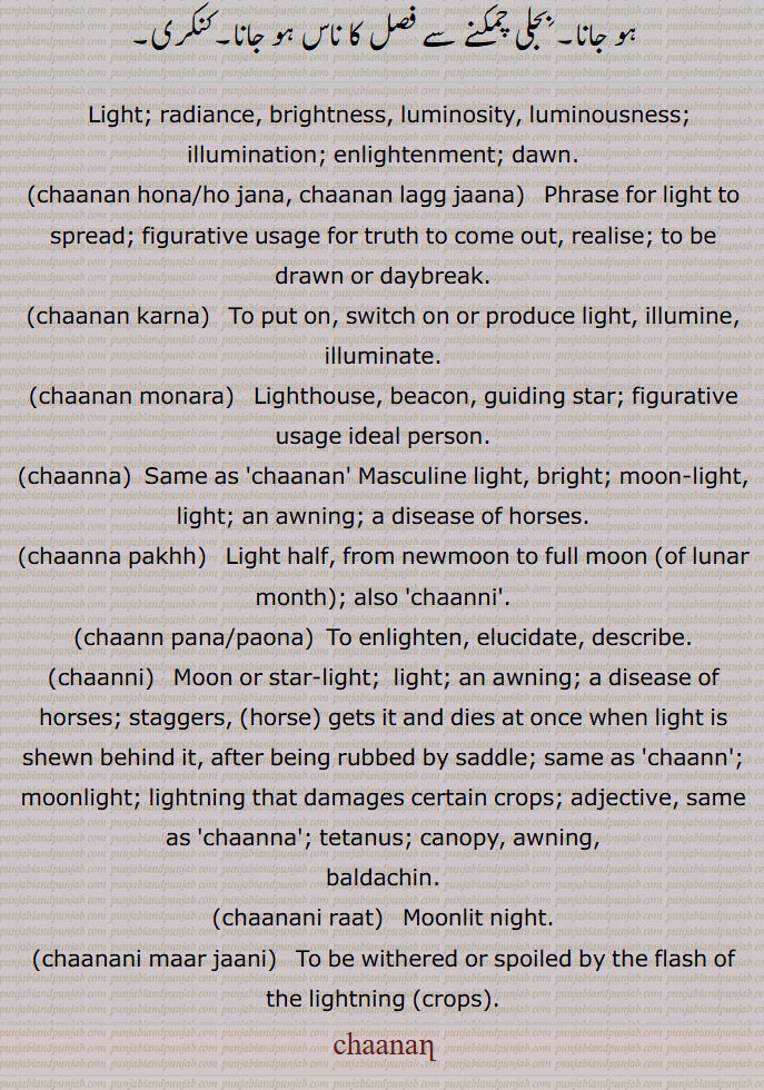  Light; radiance, brightness, luminosity, luminousness; illumination; enlightenment; dawn.,chaanan hona/ho jana, chaanan lagg jaana)   Phrase for light to spread; figurative usage for truth to come out, realise; to be drawn or daybreak.,chaanan karna,  To put on, switch on or produce light, illumine, illuminate.,chaanan monara, Lighthouse, beacon, guiding star; figurative usage ideal person.,chaanna,  Same as 'chaanan' Masculine light, bright; moon-light, light; an awning; a disease of horses.,chaanna pakhh, Light half, from newmoon to full moon (of lunar month); also 'chaanni'.,chaann pana/paona, To enlighten, elucidate, describe.,chaanni,   Moon or star-light;  light; an awning; a disease of horses; staggers, (horse) gets it and dies at once when light is shewn behind it, after being rubbed by saddle; same as 'chaann'; moonlight; lightning that damages certain crops; adjective, same as 'chaanna'; tetanus; canopy, awning,,baldachin.,chaanani raat,   Moonlit night.,chaanani maar jaani,  To be withered or spoiled by the flash of the lightning (crops).,chaanan,,chanan,,chann,
 ਚਾਨਣ ਹੋਜਾਣਾ, ਚਾਨਣ ਲੱਗ ਜਾਣਾ ,  ਚਾਨਣ ਕਰਨਾ , ਚਾਨਣ ਮੁਨਾਰਾ , ਚਾਨਣਾ,ਚਾਨਣ ,  ਚਾਨਣਾ ਪੱਖ , ਚਾਨਣੀ, ਚਾਨਣਾ ਪਾਉਣਾ, ਚਾਣਨੀ, ਚਾਨਣੀ, ਚਾਨਣ,ਚਾਨਣਾ , ਚਾਨਣੀ ਰਾਤ, ਚਾਨਣ,