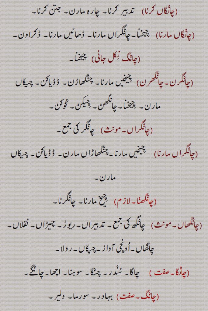 چانگاں کرنا,    تدبیر کرنا, چارہ مارن, جتن کرنا,چانگاں مارنا,    چیخنا,چانگراں مارنا, ڈھائیں مارنا, ڈکراون,چانگ نکل جانی,   چیخنا,چانگرن,چانگھرن,   چیخیں مارنا, چنگھاڑن, ڈڈیاکن, چیکاں مارن,  چیخنا,چانگھن, چیکن, کوکن,چانگراں,مونث,   چانگر کی جمع,چانگراں مارنا,     چیخیں مارنا,چنگھاڑاں مارن, ڈڈیاکن, چیکاں مارن,چانگھنا,    چیخ مارنا, چانگرنا,
,چانگھاں,مونث,   چانگھ کی جمع, تدبیراں,ریوڑ, چیڑاں, نقلاں, چاگھاں,اونچی آواز,چیکاں,رولا,چانگا, چاگا, سندر, چنگا, سوہنا, اچھا,چانگے,چانگ,صفت,  بہادر, سورما, دلیر,