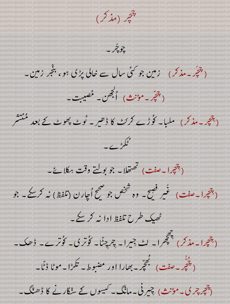 chachr,,ਚਚਰ,    ਚੀਚਰ,   ਚਿਚਰੀ,,چچر ,چوچر,زمین جو کئی سال سے خالی پڑی ہو، بنجر زمین, الجھن, مصیبت, ملبا, کوڑے کرکٹ کا ڈھیر, ٹوٹ پھوٹ کے بعد منتشر ٹکڑے, چچرا,تھتھلا, جو بولتے وقت ہکلائے, غیر فصیح, وہ شخص جو صحیح اچارن (تلفظ) نہ کرسکے, جو ٹھیک طرح تلفظ ادا نہ کر سکے,  چھچھرا, لٹ جیرا,چرچٹا, کوتری, کوترے, ڈھک, بھچر,بھارا اور مضبوط, تکڑا,موٹا ڈٹا,چچرچری,  چیرنی,مانگ, کیسوں کے سنگارنے کا ڈھنگ, چچری, آتو لگان, 