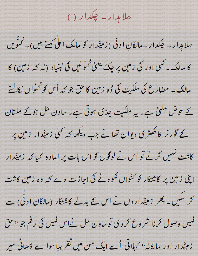 chakdaar, silahdaar,ਸਿਲਾਹਦਾਰ, ਚੱਕਦਾਰ, ਮਾਲਕਾਨਾ,ਚਕ,
سلاہدار, چکدار ,مالکان ادنٰی (زمیندار کو مالک اعلٰی کہتے ہیں), کنویں کا مالک,کسی اور کی زمین پرچک یعنی کنوئیں کی بنیاد (نہ کہ زمین) کا مالک, مضارع کی ملکیت کی وہ زمین کا حق جو کہ اس کو کنواں نکالنے کے عوض ملتی ہے,یہ ملکیت جدی ہوتی ہے,ساون مل جوکے ملتان کے گورنر کا کھتری دیوان تھا نے جب دیکھا کہ کئی زمیندار زمین پر کاشت نہیں کرتے تو اس نے لوگوں کو اس بات پر امادہ  کیا کہ زمیندار اپنی زمین پر کاشتکار کو کنواں کھودنے کی اجازت دے کہ وہ زمین کاشت کر سکیں, پھر زمینداروں نے اس کے بدلے کاشتکار (مالکان ادنٰی) سے فیس وصول کرنا شروع کردی توساون مل نےاس فیس کی رقم جو ” حق زمیندار اور مالکانہ“  کہلاتی  اسے ایک من میں تقریبا سوا سے ڈھائی سیر اناج کے برابر مقرر کردی