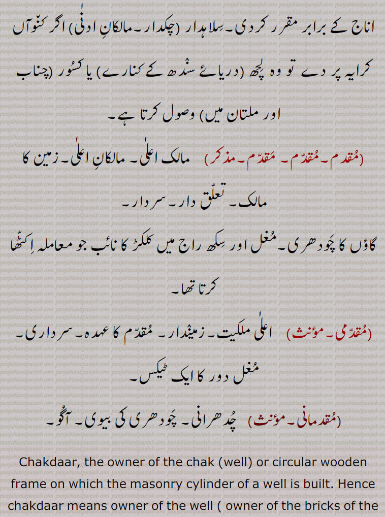 ,سلاہدار (چکدار,مالکان ادنٰی) اگر کنوآں کرایہ پر دے  تو وہ  لچھ (دریائے سندھ کے کنارے) یا کسور (چناب اور ملتان میں) وصول کرتا ہے,مقدم,مقدم, مقدم,  مالک اعلٰی, مالکان اعلٰی,زمین کا مالک, تعلق دار,سردار,گاؤں کا چودھری,مغل اور سکھ راج میں کلکڑ کا نائب جو معاملہ اکٹھا کرتا تھا,مقدمی, اعلٰی ملکیت,زمیندار, مقدم کا عہدہ,سرداری, مغل دور کا ایک ٹیکس,
 مقدمانی,  چدھرانی, چودھری کی بیوی, آگو
