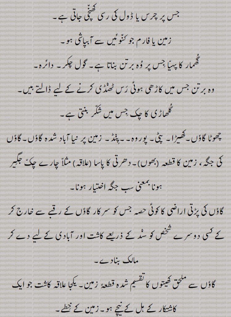 زمین یا فارم جو کن٘وئیں سے آبپاشی ہو, کمہار کا پہیّا جِس پر وُہ برتن بناتا ہے۔ گول چکر۔ دائرہ۔
وہ برتن جس میں کاڑھی ہوئی رَس ٹھنٛڈی کرنے کے لیے ڈالتے ہیں,گُلھاڑی کا چک جِس میں شکّر بنتی ہے,چھوٹا گاؤں۔کھیڑا۔ پٹی۔ پوروہ۔۔پِنٛڈ۔ زمین پر نیا آباد شدہ گاؤں۔گاؤں کی جگہ، زمین کا قطعہ (بھوں)۔دھرتی کا پاسا (علاقہ) مثلاّ چارے چکّ جگِیر ہونا بمعنی سب جگہ اختیار ہونا,گاؤں کی پڑتی اراضی کا کوئی حصہ جس کو سرکار گاؤں کے رقبے سے خارج کر کے کسی دوسرے شخص کو سنٛد کے ذریعے کاشت اور آبادی کے لیے دے کر مالک بنادے,گاؤں سے ملحق کھیتوں کا تقسیم شدہ قطعۂ زمین۔ یکجا علاقہ کاشت جو ایک کاشتکار کے ہل کے نیچے ہو۔زمین کے خِطے,جما ہوا دہی۔دانت سے کاٹنا۔