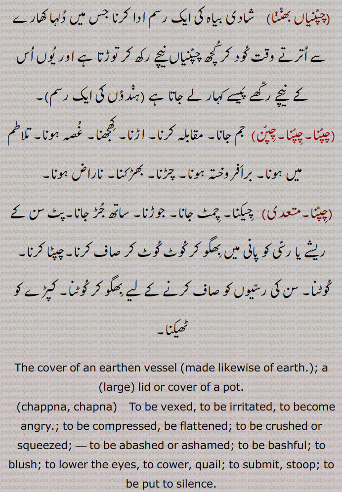 چپنیاں بھننا۔ چپنا۔ جم جانا۔ مقابلہ کرنا۔ اڑنا۔ کھجھنا۔ غصہ ہونا تلاطم میں برافروختہ ہونا۔ چڑنا۔ بھڑکنا۔ ناراض ہونا۔ چپنا۔ چیکنا۔ چمٹ جانا۔ جوڑنا۔ جڑ جانا۔ پٹ سن کے ریشے یا رسی کو پانی میں بھگو کر کوٹ کوٹ کر صاف کرنا۔ چپٹا کرنا۔ کوٹنا۔ کپڑے کو ٹھیکنا۔
