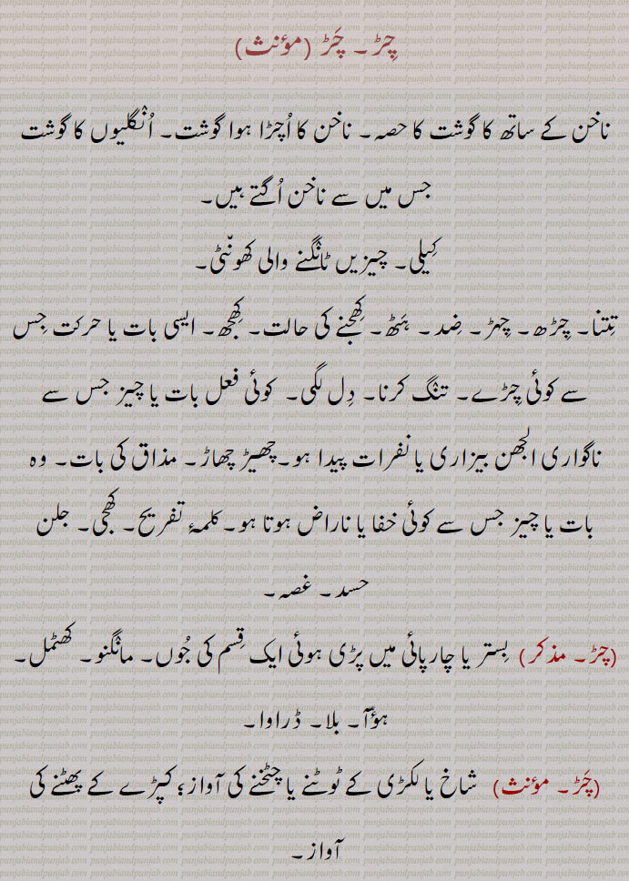  چڑ,chaR, chiR,ਚਡ਼,ਚਿਡ਼,ਚੜ,ਚਿੜ,چڑ, چڑ ,ناخن کے ساتھ کا گوشت کا حصہ,,, ناخن کا اچڑا ہوا گوشت, انگلیوں کا گوشت جس میں سے ناخن اگتے ہیں,کیلی, چیزیں ٹانگنے والی کھونٹی,تتنا, چڑھ, چہڑ, ضد, ہٹھ, کھجنے کی حالت, کھجھ, ایسی بات یا حرکت جس سے کوئی چڑے, تنگ کرنا, دل لگی,  کوئی فعل بات یا چیز جس سے ناگواری الجھن بیزاری یا نفرات پیدا ہو,چھیڑ چھاڑ, مذاق کی بات, وہ بات یا چیز جس سے کوئی خفا یا ناراض ہوتا ہو,کلمۂ تفریح, کھجی, جلن حسد, غصہ,, بستر یا چارپائی میں پڑی ہوئی ایک قسم کی جوں, مانگنو, کھٹمل, ہؤآ,بلا, ڈراوا,چڑ, مؤنث)   شاخ یا لکڑی کے ٹوٹنے یا چٹخنے کی آواز؛ 