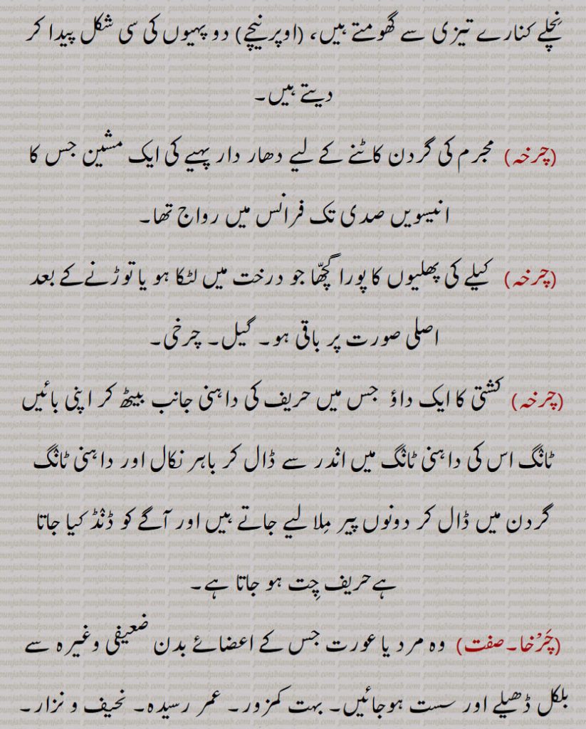  لہنگے کے نچلے کنارے تیزی سے گھومتے ہیں، (اوپر نیچے) دو پہیوں کی سی شکل پیدا کر دیتے ہیں,مجرم کی گردن کاٹنے کے لیے دھار دار پہیے کی ایک مشین جس کا انیسویں صدی تک فرانس میں رواج تھا,  کیلے کی پھلیوں کا پورا گچھا جو درخت میں لٹکا ہو یا توڑنےکے بعد اصلی صورت پر باقی ہو, گیل, چرخی,  کشتی کا ایک داؤ  جس میں حریف کی داہنی جانب بیٹھ کر اپنی بائیں ٹانگ اس کی داہنی ٹانگ میں اندر سے ڈال کر باہر نکال اور داہنی ٹانگ گردن میں ڈال کر دونوں پیر ملا لیے جاتے ہیں اور آگے کو ڈنڈ کیا جاتا ہےحریف چت ہو جاتا ہے,چرْخا,وہ مرد یا عورت جس کے اعضائے بدن ضعیفی وغیرہ سے بلکل ڈھیلے اور سست ہوجائیں, بہت کمزور, عمر رسیدہ, نحیف و نزار,