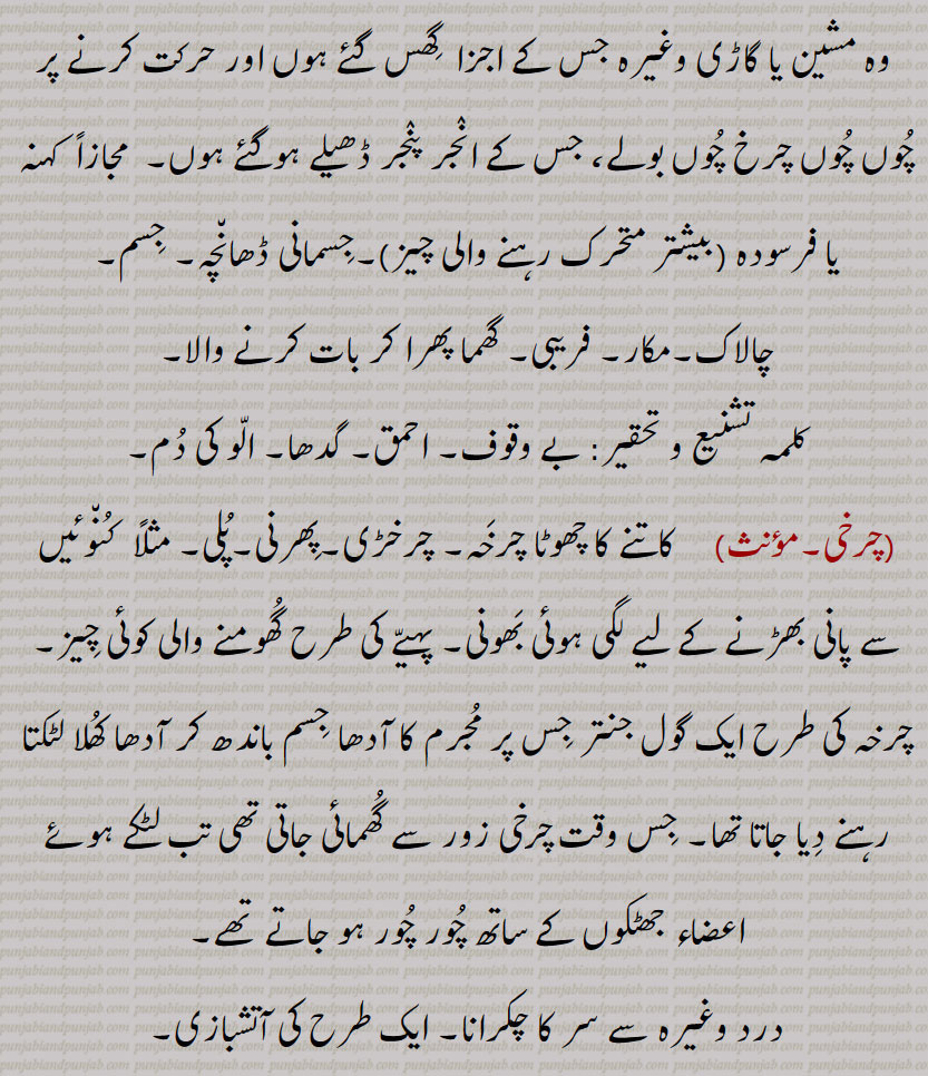 ,وہ مشین یا گاڑی وغیرہ جس کے اجزا  گھس گئے ہوں اور حرکت کرنے پر چوں چوں چرخ چوں بولے، جس کے انجر پنجر ڈھیلے ہوگئے ہوں,  مجازاً  کہنہ یا فرسودہ (بیشتر متحرک رہنے والی چیز),جسمانی ڈھانچہ, جسم,
چالاک,مکار, فریبی, گھما پھرا کر بات کرنے والا,کلمہ تشنیع و تحقیر: بے وقوف, احمق, گدھا, الو کی دم,چرخی,  کاتنے کا چھوٹا چرخہ,چرخڑی,پھرنی,پلی, مثلاً  کنوئیں سے پانی بھڑنے کے لیے لگی ہوئی بھونی, پہیے کی طرح گھومنے والی کوئی چیز, چرخہ کی طرح ایک گول جنتر جس پر مجرم کا آدھا جسم باندھ کر آدھا کھلا لٹکتا رہنے دیا جاتا تھا, جس وقت ثرخی زور سے گھمائی جاتی تھی تب لٹکے ہوئے اعضاء جھٹکوں کے ساتھ چور چور ہو جاتے تھے,