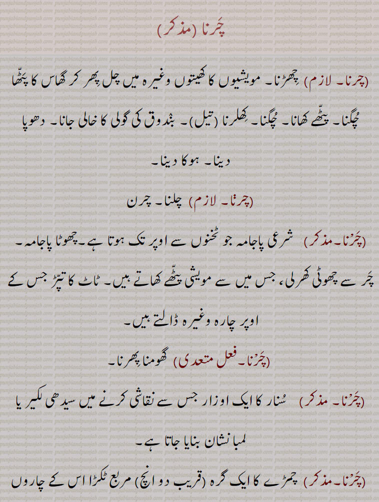 ,چرنا , چِھڑنا, مویشیوں کا کھیتوں وغیرہ میں چل پِھر کر گھاس کا پٹھا چگنا, پٹھے کھانا, چگنا, کِھلرنا (تیل), بندوق کی گولی کا خالی جانا, دھوپا دینا, ہوکا دینا, چلنا, چرن, چرْنا ,شرعی پاجامہ جو ٹخنوں سے اوپر تک ہوتا ہے,چھوٹا پاجامہ, چر سے چھوٹی کھرلی، جس میں سے مویشی پٹھے کھاتے ہیں, ٹاٹ کا تپڑ جس کے اوپر چارہ وغیرہ ڈالتے ہیں, گھومنا پِھرنا, سنار کا ایک اوزار جس سے نقاشی کرنے میں سیدھی لکیر یا لمبا نشان بنایا جاتا ہے,