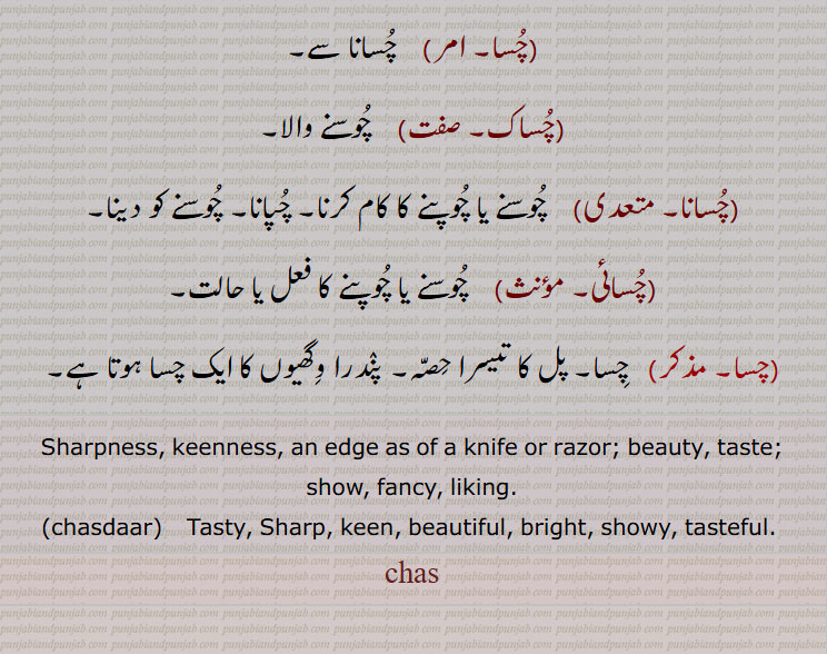 ,چسا, چسانا سے,چساک,  چوسنے والا,چسانا, چوسنے یا چوپنے کا کام کرنا, چپانا, چوسنے کو دینا,چسائی, چوسنے یا چوپنے کا فعل یا حالت,Sharpness, keenness, an edge as of a knife or razor; beauty, taste; show, fancy, liking.,chasdaar, Tasty, Sharp, keen, beautiful, bright, showy, tasteful.  ، چس ,chas,ਚਸ