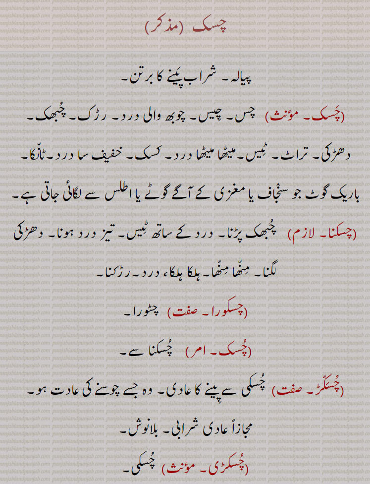 چسک۔ پیالہ۔ شراب پینے کا برتن۔ چس چیس چوبھ والی درد۔ رڑک۔ چبھک۔ دھڑکی۔ تراٹ۔ ٹیس۔ میٹھا درد۔ کسک۔ خفیف سا درد۔ ٹنکا۔  چسکنا۔ چبھک پڑنا۔ درد کے ساتھ ٹیس۔ تیز درد۔ دھڑکی لگنا۔ مٹھا مٹھا۔ ہلکا ہلکا درد۔ رڑکنا۔ چسکورا۔ چٹورا۔ چسک۔ چسکنا۔ چسکڑ۔ چسکی سے پینا۔ چوسنے کیی عادت۔ عادی شرابی۔ چسکڑی۔