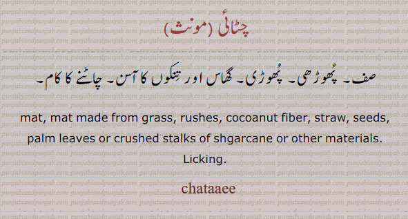 چٹائی ,chataaee , chataai, chtaee ,چٹائی ,chataaee , chataai, chtaee ,ਚਟਾਈ,Licking; a mat made of grass, rushes, palm leaves, cocoanut fibre, sugar-cane stalks or other materials.صف۔ پھوڑی۔ گھاس اور تنکوں کا آسن۔ چاٹنے کا کام۔,