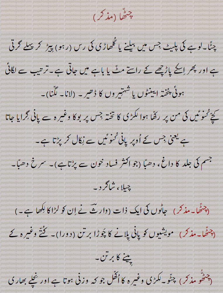 
چٹھا ,چٹا,لوہے کی پلیٹ جس میں بیلنے یا گلھاڑی کی رس (رہو) پیڑ  کر پہلے گرتی ہے اور پھر اسکے پاڑچھے کے راستے مٹ یا باہے میں جاتی ہے,ترتیب سے لگائی ہوئی پختہ ایینٹوں یا شہتیروں کا ڈھیر, (چٹھا لانا,چٹھا لگنا),کچے کنوئیں کی من پر رکھا ہوا لکڑی کا تختہ جس پر بوکا وغیرہ سے پانی گرایا جاتا ہے یعنی جس کے اوپر پانی کنوئیں سے نکال کر پڑتا ہے,جسم کی جلد کا داغ، دھبا (جو اکثر فساد خون سے پڑتاہے), سرخ دھبا,
 چیلا، شاگرد,چٹھا,جاٹوں کی ایک ذات (وارثؔ نے ان کو لڑاکا لکھا ہے,چٹھا,مویشیوں کو پانی پلانے کا چوڑا برتن (دورا), کتے وغیرہ کے پینے کا برتن,چٹھو , چٹو,لکڑی وغیرہ کا اکھل جو کہ وزنی ہوتا ہے اور نچلے بھاری حصہ کا بالکل گول نہ ہونے کی وجہ سے رڑھ نہیں سکتا,