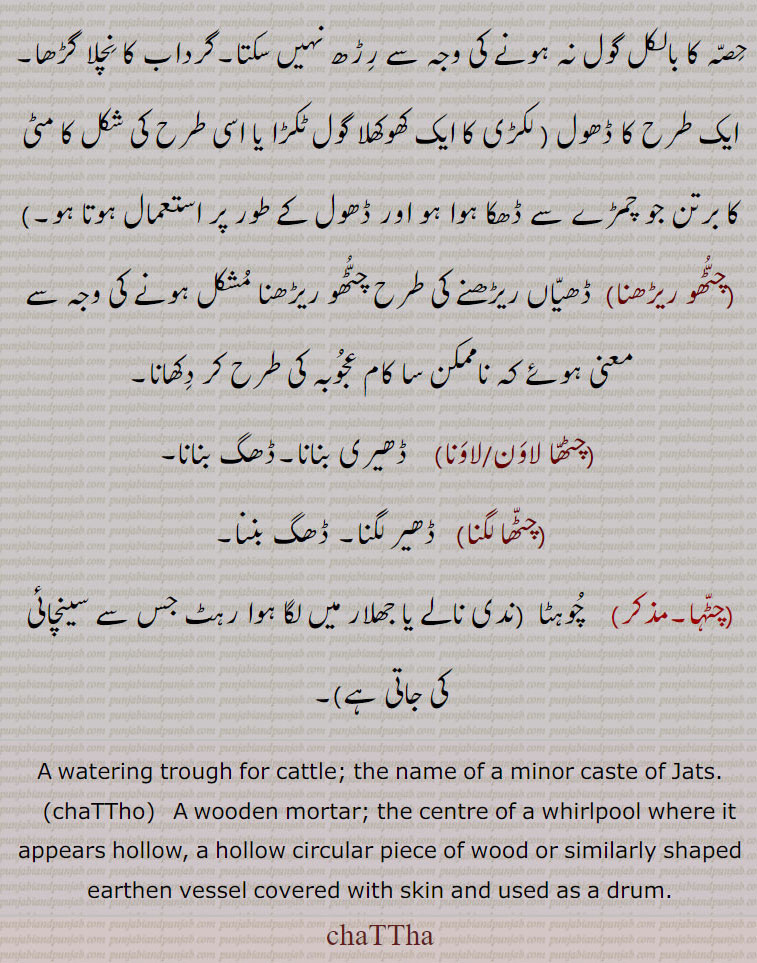 ,گرداب کا نچلا گڑھا, ایک طرح کا ڈھول ( لکڑی کا ایک کھوکھلا گول ٹکڑا یا اسی طرح کی شکل کا مٹی کا برتن جو چمڑے سے ڈھکا ہوا ہو اور ڈھول کے طور پر استعمال ہوتا ہو,,چٹھو ریڑھنا,ڈھیاں ریڑھنے کی طرح چٹھو ریڑھنا مشکل ہونے کی وجہ سے معنی ہوئے کہ ناممکن سا کام عجوبہ کی طرح کر دکھانا,چٹھا لاون/لاونا, ڈھیری بنانا,ڈھگ بنانا،,چٹھا لگنا,   ڈھیر لگنا, ڈھگ بننا,چٹہا,  چوہٹا  (ندی نالے یا جھلار میں لگا ہوا رہٹ جس سے سینچائی کی جاتی ہے),A watering trough for cattle; the name of a minor caste of Jats.,chaTTho)   A wooden mortar; the centre of a whirlpool where it appears hollow, a hollow circular piece of wood or similarly shaped earthen vessel covered with skin and used as a drum.,chaTTha, ਚਠਾੱ