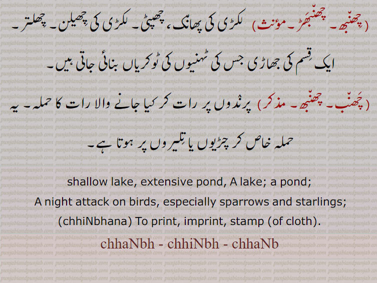  لکڑی کی پھانک، چھپٹی, لکڑی کی چھیلن, چھلتر,ایک قسم کی جھاڑی جس کی ٹہنیوں کی ٹوکریاں بنائی جاتی ہیں, پرندوں پر رات کر کیا جانے والا رات کا حملہ, یہ حملہ خاص کر چڑیوں یا تلیروں پر ہوتا ہے,shallow lake, extensive pond, A lake; a pond;, A night attack on birds, especially sparrows and starlings; ,chhiNbhana, To print, imprint, stamp (of cloth).,chhambh - chhimbh - chhamb,