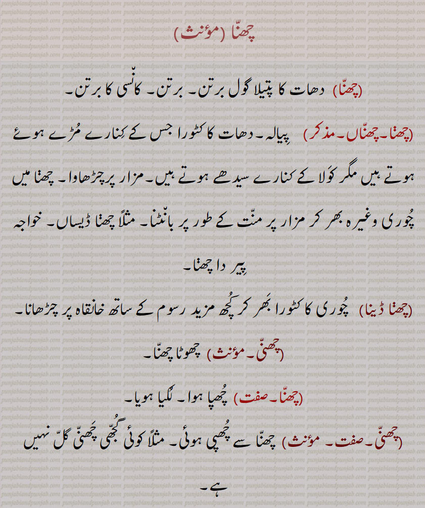 چھنا ,  دھات کا پتیلا گول برتن, برتن, کانسی کا برتن,چھناں,  پیالہ,دھات کا کٹورا جس کے کنارے مڑے ہوئے ہوتے ہیں مگر کولا کے کنارے سیدھے ہوتے ہیں,مزار پرچڑھاوا, چھنا میں چوری وغیرہ بھر کر مزار پر منت کے طور پر بانٹنا, مثلاً چھنا ڈیساں, خواجہ پیر دا چھنا,چھنا ڈینا, چوری کا کٹورا بھر کر کچھ مزید رسوم کے ساتھ خانقاہ پر چڑھانا,چھنی,  چھوٹا چھنا,چھنا, چھپا ہوا, لکیا ہویا,  چھنا سے چھپی ہوئی, مثلاً کوئی گجھی چھنی گل نہیں ہے,چھنیاں,,