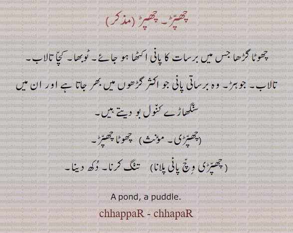 ,چھوٹا گڑھا جس میں برسات کا پانی۔ ٹوبھا۔ کچا تالاب۔ گڑھوں میں سنگھاڑے یا کنول۔ چھوٹا چھپڑی۔ تنگ کرنا۔ دکھ دینا۔ جوہڑ۔  , pound. puddle. chhappar. chhapar, 
چھپڑ , چھپڑی,  چھپڑی وچ پانی پلان