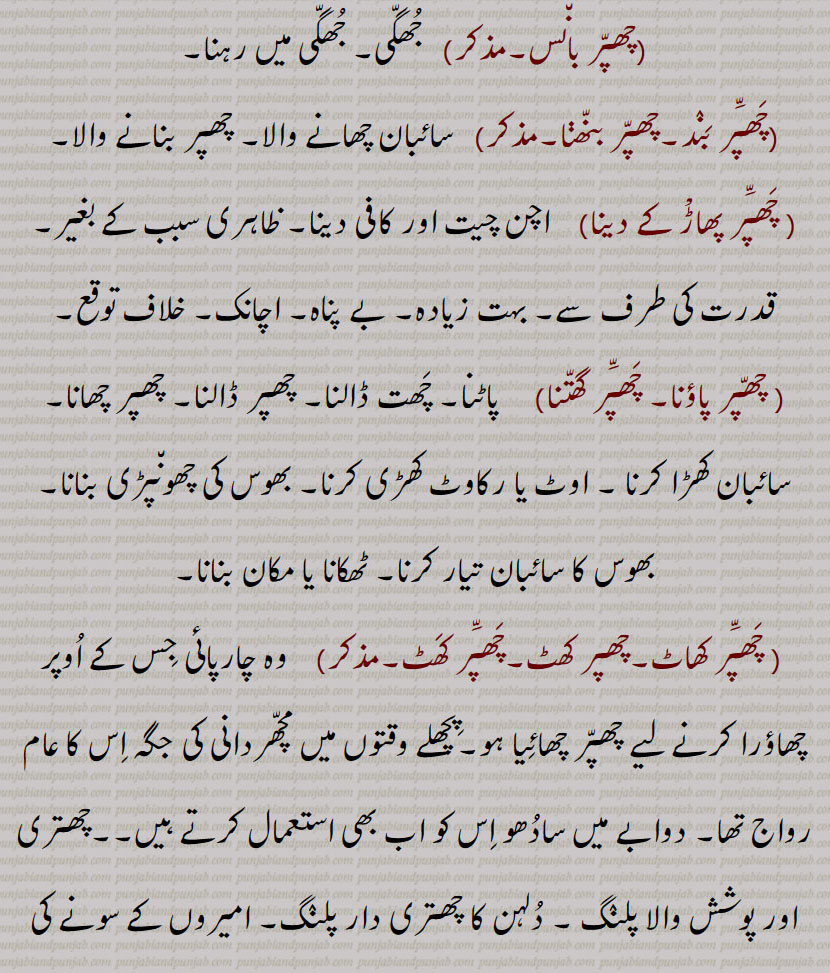 سائبان کھڑا کرنا ۔ اوٹ یا رکاوٹ کھڑی کرنا۔ بھوس کی چھون٘پڑی بنانا۔ بھوس کا سائبان تیار کرنا۔ ٹھکانا یا مکان بنانا, چَھپَّر کھاٹ۔چھپر کھٹ۔چَھپَّر کَھٹ,وہ چارپائی جِس کے اُوپر چھاؤرا کرنے لیے چھپّر چھائِیا ہو۔پِچھلے وقتوں میں مچّھردانی کی جگہ اِس کا عام رواج تھا۔ دوابے میں سادُھو اِس کو اب بھی استعمال کرتے ہیں۔۔چھتری اور پوشش والا پلنٛگ ۔ دُلہن کا چھتری دار پلنٛگ۔ امیروں کے سونے کی مسہری۔ سائبان اور پردہ دار مسہری۔, چَھپّرا,  چھوٹا چھپر۔معمولی چھپر, چَھپّری,  چھوٹا چَھپّر۔ چھپّروں کا گھر۔ جُُھونپڑی۔ چھاپری۔ جُھگّی۔ ککّھاں دی کُلّی۔ گھاس پُھوس کا سائیبان۔پٹاری,چھپّری پا کے بہڽا,کوئی کام کرنے میں بہت دیر لگانا,چھپرے,  چھپّر کے  نیچے,چھپّر نکّا, جس کا ناک چھپّر جیسا ہو۔ چَپٹے ناک والا۔ نکٹا,چھپّر نکیئے,چَوڑے ناک والی