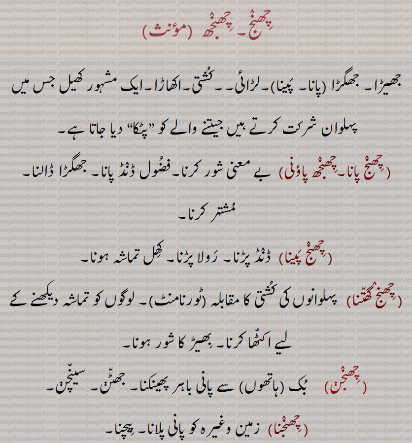 چھنج۔ چھنجھ  ,جھیڑا۔ جھگڑا ,چھنج پانا۔ چھنج پینا ۔لڑائی۔۔کشتی۔اکھاڑا۔ایک مشہور کھیل جس میں پہلوان شرکت کرتے ہیں جیتنے والے کو ”پٹکا“ دیا جاتا ہے, چھنج پانا۔چھنجھ پاؤنی, بے معنی شور کرنا۔فضول ڈنڈ پانا۔ جھگڑا ڈالنا۔ مشتہر کرنا, چھنج پینا,ڈنڈ پڑنا۔ رولا پڑنا۔ کھل تماشہ ہونا, چھنج گھتنا, پہلوانوں کی کشتی کا مقابلہ (ٹورنامنٹ)۔ لوگوں کو تماشہ دیکھنے کے لیے اکٹھا کرنا۔ بھیڑ کا شور ہونا, چھنجڽ, بک  ہاتھوں  سے پانی باہر پھینکنا۔ جھٹڽ۔ سینچڽ, چھنجنا, زمین وغیرہ کو پانی پلانا۔ پیچنا,