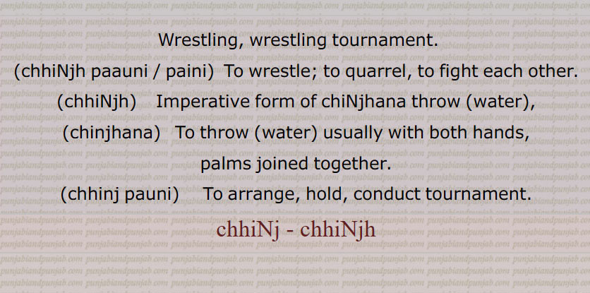 Wrestling, wrestling tournament.,chhiNjh paauni , chhiNjh paini,  To wrestle; to quarrel, to fight each other.,chhiNjh, Imperative form of chiNjhana throw (water),,chinjhana,To throw (water) usually with both hands,,palms joined together.,chhinj pauni,  To arrange, hold, conduct tournament.,chhiNj  ,ਛਿੰਜ, ਛਿੰਝ, ਛਿੰਝਣਾ,ਛਿੰਝ ਪਾਉਣੀ ,chhiNjh