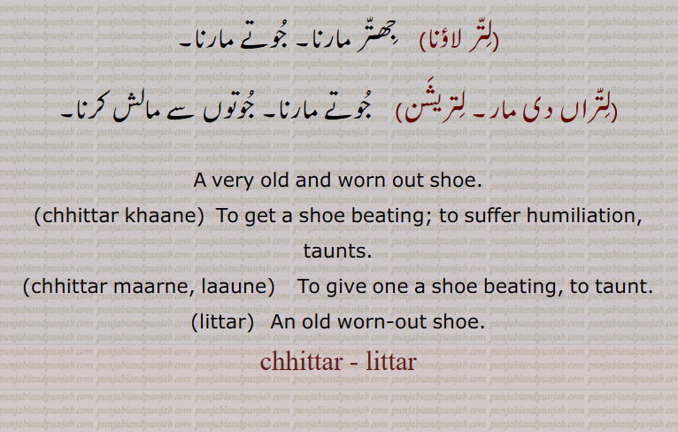  دابے توں کمّ لَینا,لِتّر کِھپّی,جھگڑا اور جُوت پَیزار,لِتّرپتان کرنا,جھاڑ جھن٘ب کرنا۔ لاہ پاہ کرنا,لِتّر لاؤنا, جِھتّر مارنا۔ جُوتے مارنا,لِتّراں دی مار۔ لِتریشَن,جُوتے مارنا۔ جُوتوں سے مالش کرنا, A very old and worn out shoe.,chhittar khaane,  To get a shoe beating; to suffer humiliation, taunts.,chhittar maarne, laaune,To give one a shoe beating, to taunt.,littar,  An old worn-out shoe.,chhittar - littar, chhittar , ਛਿੱਤ੍ਰ , littar ,  ਲਿੱਤਰ