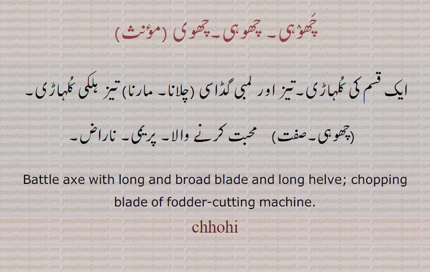 چھوٛہی۔ چھوہی۔چھوی,ایک قسم کی کلہاڑی۔تیز اور لمبی گڈاسی (چلانا۔ مارنا) تیز ہلکی کلہاڑی,چھوہی, محبت کرنے والا۔ پریمی۔ ناراض,Battle axe with long and broad blade and long helve; chopping blade of fodder-cutting machine. chhohi, ਛਵ੍ਹੀ ,چھوہ, چھوی,chhohi