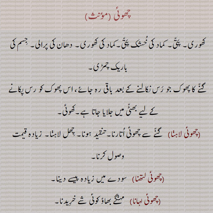 چھوئی۔ کھوری پتی۔ کماد کی ضشک پتی۔ کماد کی کھوری۔ دھان کی پرالی۔ جسم کی باریک چمڑی۔ گنے کا پھوک جو رس کے بعد۔ کھوئی۔ چھوٹی لاہنا۔ گنے سے چھوئی اتارنا۔ تنقید کرنا۔ چھل لاہنا۔ زیادہ قیمت وصول۔چھوئی لتھنا۔ زیادہ پیسے سودے میں دینا۔ چھوئی لہانا۔ مہنگا خریدنا۔ ہلی کلہاڑی ملھایا بیری کاٹنے کے لیے۔ جلدی سے۔ چھیتی فوراً۔ کاہلی ۔ چاک۔ کھریا۔ کھریا مٹی۔ پنڈول۔