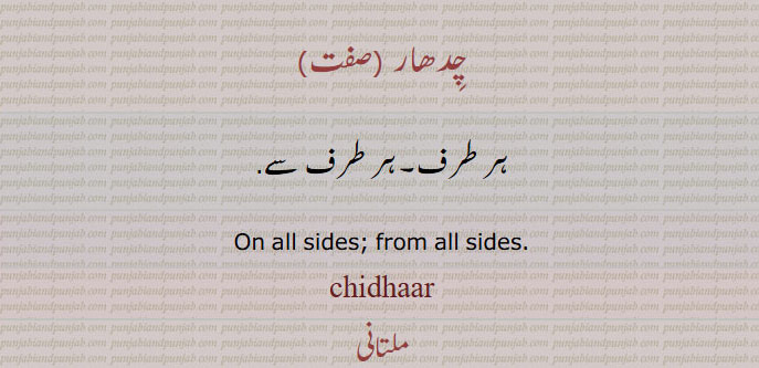 چِدھار ,ہر طرف۔ہر طرف سے,On all sides; from all sides.
chidhaar, ਚਿਧਾਰ, chidar