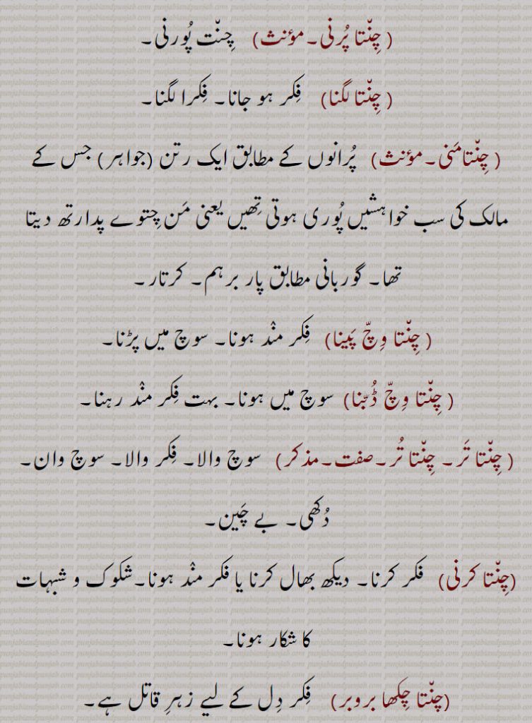 چنت۔سوچ۔وچار۔فکر۔پرواہ۔غم۔ بے چینی۔ تردد۔ پریشانی۔خوف۔ ڈر۔اندیشہ۔ دھیان۔ خیال۔چندڑی۔ چندا۔ چند۔ چنت کرنا۔چنت لانا۔چنت لگنا۔چنت ہونا , چنتا پرنی,  چنت پورنی, چنتا لگنا,  فکر ہو جانا۔ فکرا لگنا,چنتامنی, پرانوں کے مطابق ایک رتن , جس کے مالک کی سب خواہشیں پوری ہوتی تھیں یعنی من چتوے پدارتھ دیتا تھا۔ گوربانی مطابق پار برہم۔ کرتار, چنتا وچ پینا,  فکر مند ہونا۔