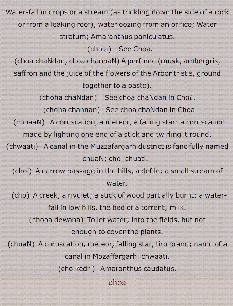 Water-fall in drops or a stream (as trickling down the side of a rock or from a leaking roof), water oozing from an orifice; Water stratum; Amaranthus paniculatus. ,choia,    See Choa. ,choa chaNdan, choa channaN , A perfume (musk, ambergris, saffron and the juice of the flowers of the Arbor tristis, ground together to a paste). ,choha chaNdan,   See choa chaNdan in Choa. ,choha channan,   See choa chaNdan in Choa. ,choaaN,   A coruscation, a meteor, a falling star: a coruscation made by lighting one end of a stick and twirling it round.,chwaati,  A canal in the Muzzafargarh dustrict is fancifully named chuaN; cho, chuati.  ,choi,  A narrow passage in the hills, a defile; a small stream of water., cho,  A creek, a rivulet; a stick of wood partially burnt; a water-fall in low hills, the bed of a torrent; milk., chooa dewana,  To let water; into the fields, but not, enough to cover the plants.,chuaN,  A coruscation, meteor, falling star, tiro brand; namo of a canal in Mozaffargarh, chwaati., cho kedri,   Amaranthus caudatus.
choa,,  ਚੋਆ, choia,  ਚੋਇਆ,choha chaNdan,  ਚੋਹਾਚੰਦਨ,choha channan, ਚੋਹਾਚੱਨਣ,choaaN, ਚੁਆਂ,choi, ਚੋਈ,cho, ਚੋ, ਚੋਣਾ,ਚੋਆ, ਚੋਆ ਪੈਣਾ, ਚੋਸਾ, ਚੌਸਾ ,,