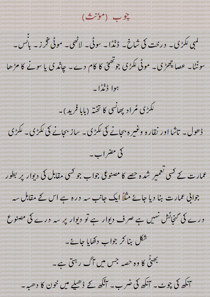 چوب ,لمبی لکڑی۔ درخت کی شاخ۔ ڈنڈا۔ سوٹی۔ لاٹھی۔ موٹی گرز۔ بانس۔ سونٹا۔ عصا چھڑی۔ موٹی لکڑی جوتھمی کا کام دے۔ چاندی یا سونے کا مڑھا ہوا ڈنڈا,لکڑی مراد پھانسی کا تختہ (بابا فرید)۔
ڈھول۔ تاشا اور نقارہ وغیرہ بجانے کی لکڑی۔ ساز بجانے کی لکڑی۔ لکڑی کی مضراب,عمارت کے کسی تعمیر شدہ حصے کا مصنوعی جواب جو کسی مقابل کی دیوار پر بطور جوابی عمارت بنا دیا جائے مثلاً ایک جانب سہ درہ ہے اس کے مقابل سہ درے کی گنجائش نہیں ہے صرف دیوار ہے تو دیوار پر سہ درے کی مصنوع شکل بنا کر جواب دکھایا جائے,بھٹی کا وہ حصہ جس میں آگ رہتی ہے,آنکھ کی چوٹ۔ آنکھ کی ضرب۔ آنکھ کے ڈھیلے میں خون کا دھبہ۔