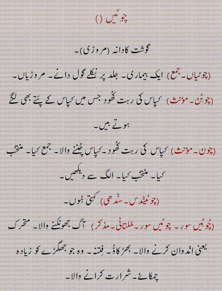 چوئیں ,گوشت کادانہ ,مروڑی,چوئیاں,  ایک بیماری۔ جلد پر نِکلے گول دانے۔ مروڑیاں,چوئِڽ, کپاس کی رہت کُھود جس میں کپاس کے پَتے بھی لگے ہوتے ہیں,چوڽ,  کپاس  کی رہت کُھود۔کپاس چُننے والا۔ جمع کیا۔ منتخب کیا۔ منتخب کیا,چوئینٛدس,  کہتی ہُوں,چُوئِیں سور۔ چوئیں سور,   آگ جھونکنے والا۔ متحرک یعنی انٛدوان کرنے والا۔ بھڑکاؤُ۔ فِتنہ۔ وہ جو جھگڑے کو زیادہ چمکائے۔شرارت کرانے والا,چُوئی شُویا,  چُوچ۔ ایک نبات,چونیں, سر کے بال, 