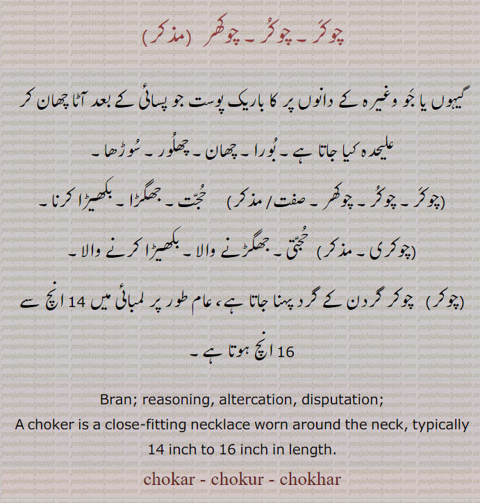 
چوکَر۔ چوکُر۔ چوکھر  ,گیہوں یا جَو وغیرہ کے دانوں پر کا باریک پوست جو پسائی کے بعد آٹا چھان کر علیحدہ کیا جاتا ہے۔ بُورا۔ چھان۔ چھلُور۔ سُوڑھا,چوکَر۔ چوکُر۔ چوکھر,     حُجّت۔ جھگڑا۔ بکھیڑا کرنا,(چوکری۔, حُجّتی۔ جھگڑنے والا۔ بکھیڑا کرنے والا,چوکر,   چوکر گردن کے گرد پہنا جاتا ہے، عام طور پر لمبائی میں 14 انچ سے 16 انچ ہوتا ہے۔
Bran; reasoning, altercation, disputation; A choker is a close-fitting necklace worn around the neck, typically 14 inch to 16 inch in length. chokar, chokur, chokhar,  chokar, chokur, chokhar, ਚੋਕੁਰ,ਚੋਕਰ,