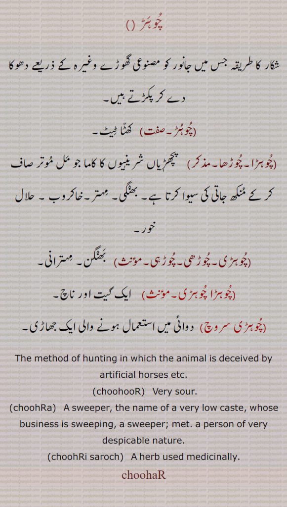 چوہڑ ,شکار کا طریقہ جس میں جانور کو مصنوعی گھوڑے وغیرہ کے ذریعے دھوکا دے کر پکڑتے ہیں,چوہڑ, کھٹا ٹیٹ,چوہڑا۔چوڑھا, پچھڑٖیاں شرینٖیوں کا کاما جو مل موتر صاف کر کے منکھ جاتی کی سیوا کرتا ہے۔ بھنگی۔ مہتر۔خاکروب ,حلال خور,چوہڑی۔چوڑھی۔چوڑہی,  بھنگن۔ مہترانی,چوہڑا چوہڑی,ایک گیت اور ناچ,چوہڑی سروچ)  دوائی میں استعمال ہونے والی ایک جھاڑی,The method of hunting in which the animal is deceived by artificial horses etc.,choohooR,   Very sour.,choohRa,   A sweeper, the name of a very low caste, whose business is sweeping, a sweeper; met. a person of very despicable nature.,choohRi saroch,   A herb used medicinally. choohaR, chuhur,ਚੁਹੁਡ਼,chuhra,ਚੂਹਡ਼ਾ,choohRa, chuhRa,چہڈ 